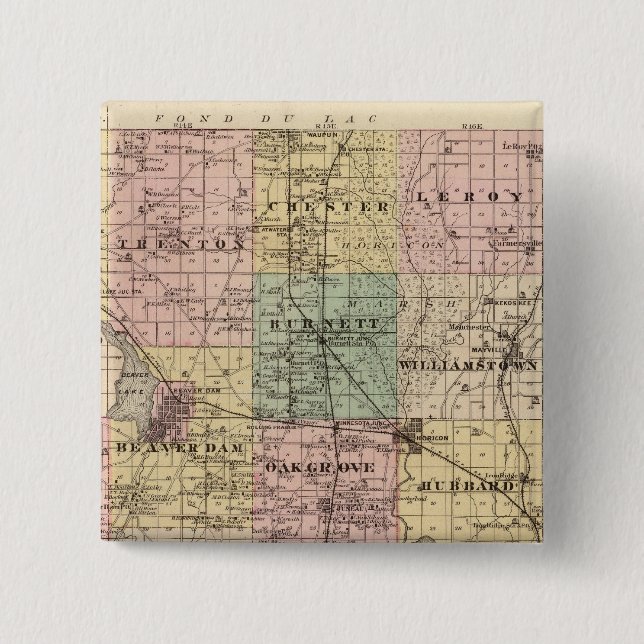 Map of Dodge County, State of Wisconsin 2 Inch Square Button (Front)