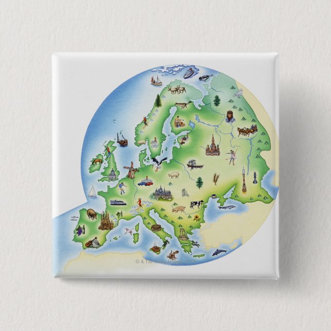 Map of Europe with illustrations of famous 2 Inch Square Button (Front)