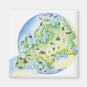 Map of Europe with illustrations of famous Magnet