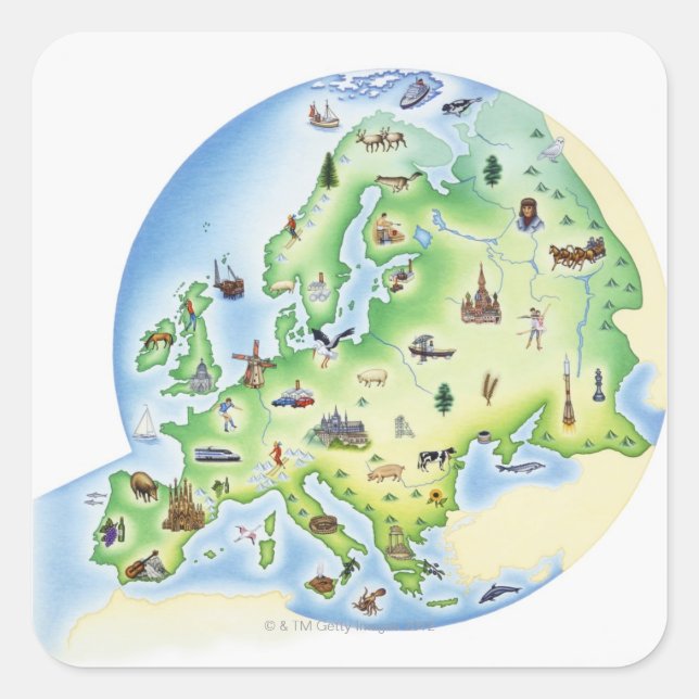 Map of Europe with illustrations of famous Square Sticker (Front)
