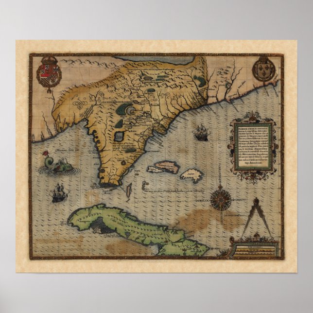 Map of Florida and the Caribbean (1588) Poster (Front)