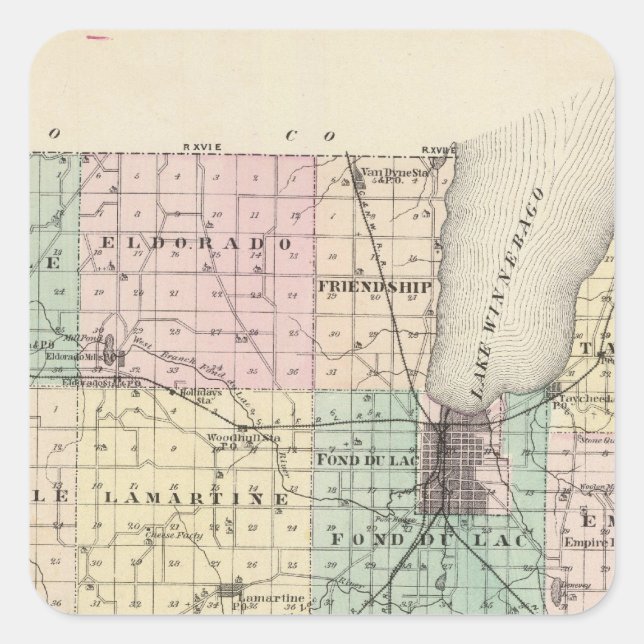 Map of Fond du Lac County, State of Wisconsin Square Sticker (Front)