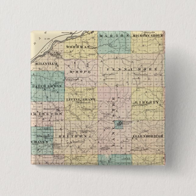 Map of Grant County and Village of Lancaster 2 Inch Square Button (Front)