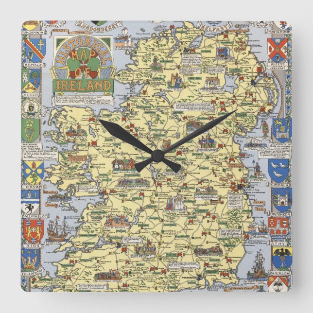 Map of Historical Ireland Square Wall Clock (Front)