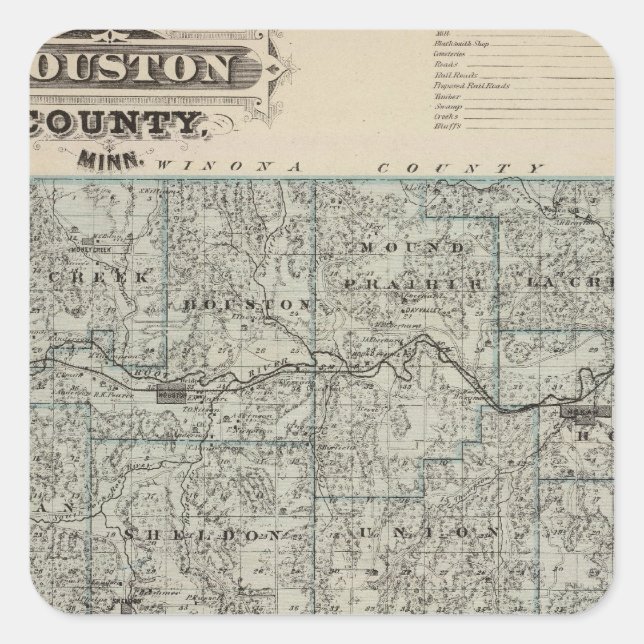 Map of Houston County, Minnesota Square Sticker (Front)