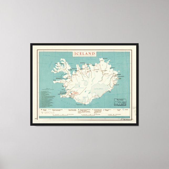 Map of Iceland (circa 1959) Canvas Print (Front)