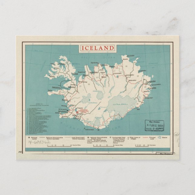 Map of Iceland (circa 1959) Postcard (Front)