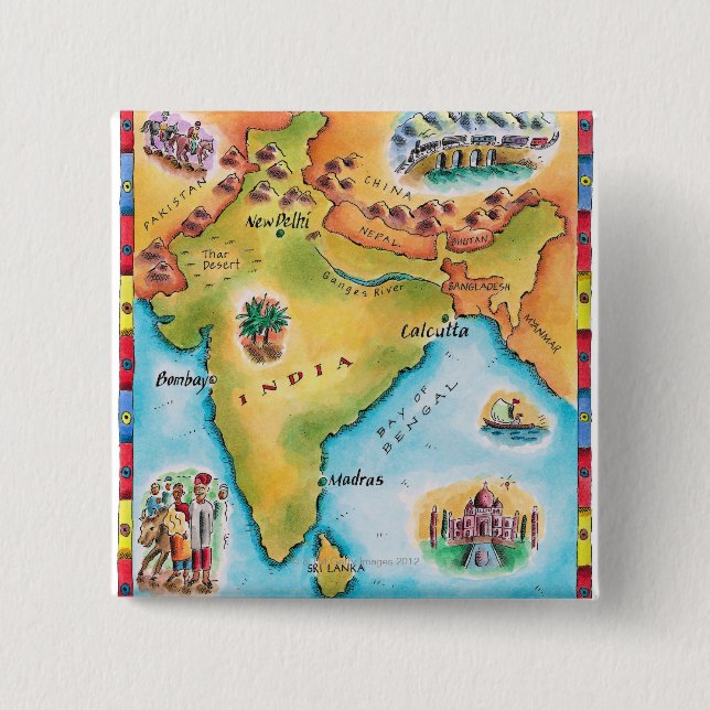 Map of India 2 Inch Square Button (Front)