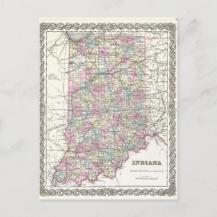Map of Indiana. Joseph Hutchins Colton Postcard