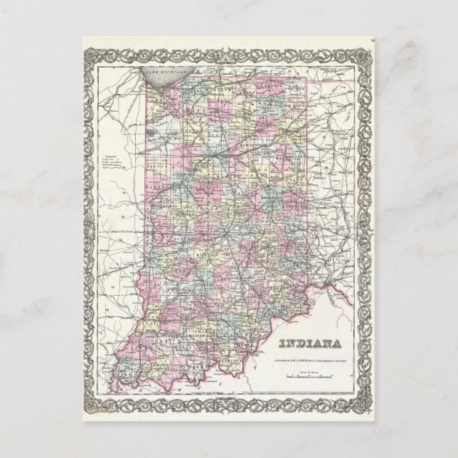 Map of Indiana. Joseph Hutchins Colton Postcard (Front)