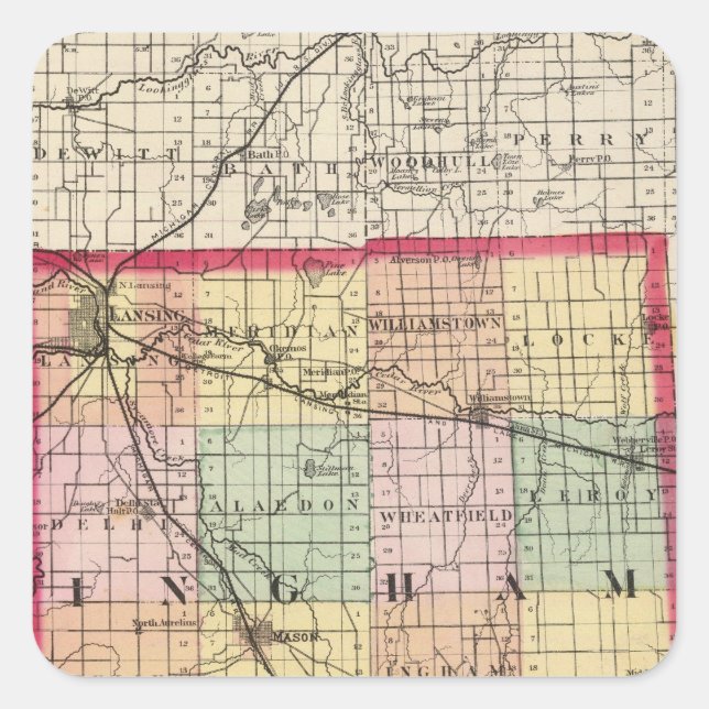 Map of Ingham County, Michigan Square Sticker (Front)