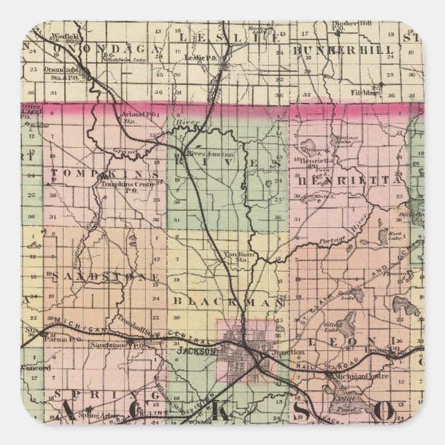 Map of Jackson County, Michigan Square Sticker (Front)