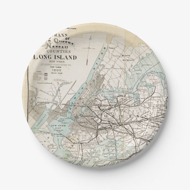 Map of Kings, Queens, Long Island Paper Plate (Front)