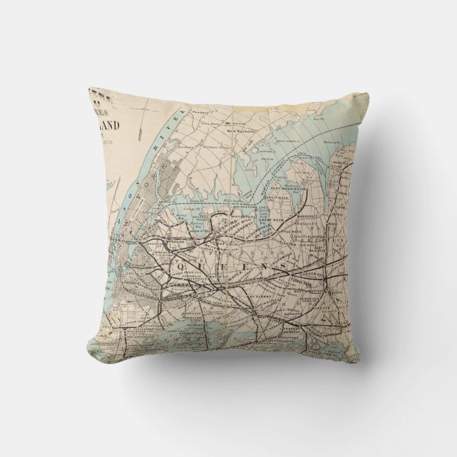 Map of Kings, Queens, Long Island Throw Pillow (Front)