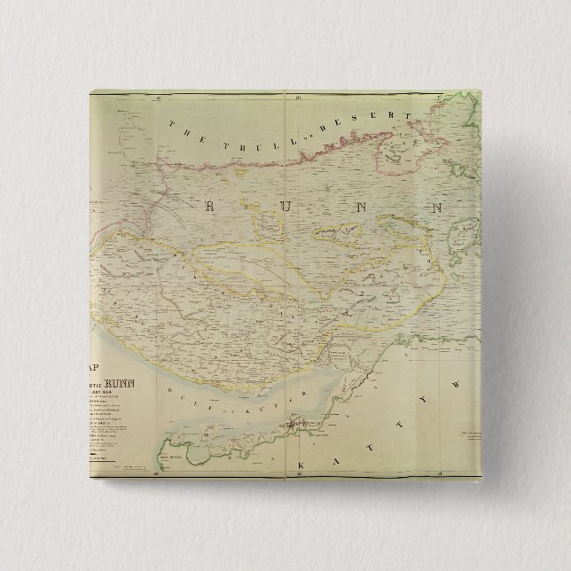 Map of Kutch and Runn, India, 1854 2 Inch Square Button (Front)