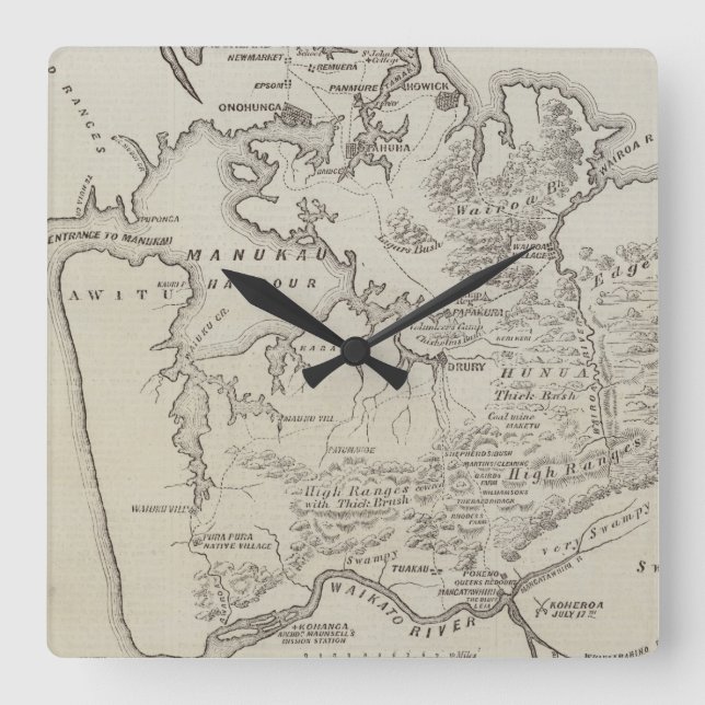 Map of land between Auckland & Waikato River Square Wall Clock (Front)