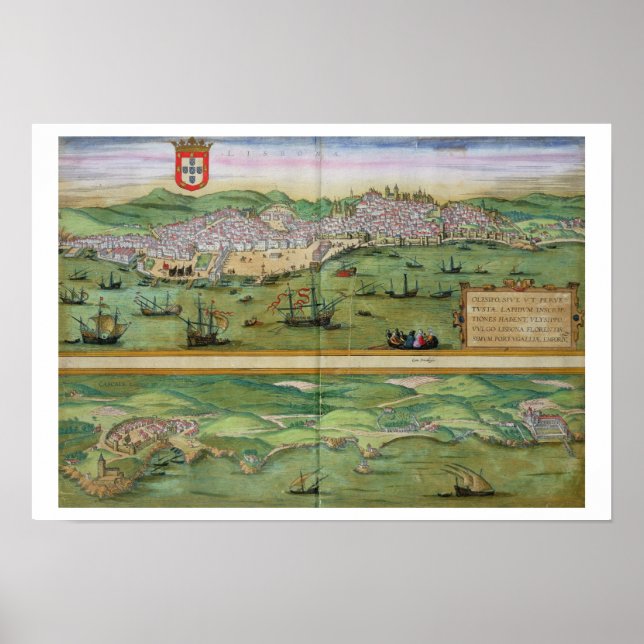 Map of Lisbon, and Cascais, from 'Civitates Orbis Poster (Front)