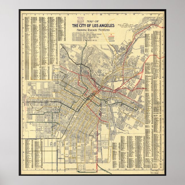 Map of Los Angeles Public Transit in 1909 Poster (Front)
