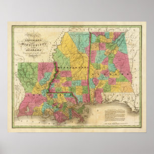 Map of Louisiana Mississippi And Alabama Poster