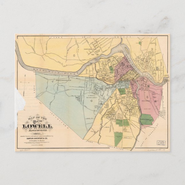 Map of Lowell, Massachusets (1881) Postcard (Front)