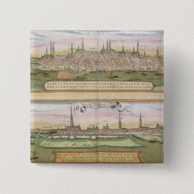 Map of Lubeck and Hamburg, from 'Civitates Orbis T 2 Inch Square Button (Front)