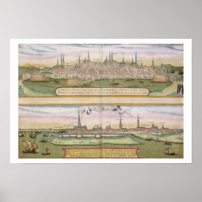 Map of Lubeck and Hamburg, from 'Civitates Orbis T Poster (Front)