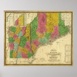 Map of Maine, New Hampshire, and Vermont Poster