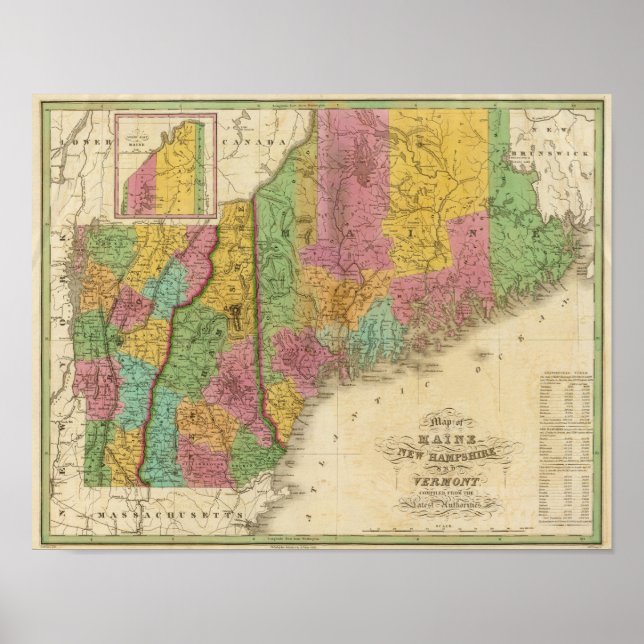 Map of Maine New Hampshire And Vermont Poster (Front)
