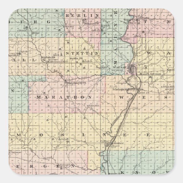 Map of Marathon County Square Sticker (Front)