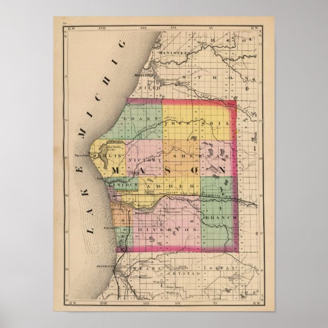 Map of Mason County, Michigan Poster (Front)
