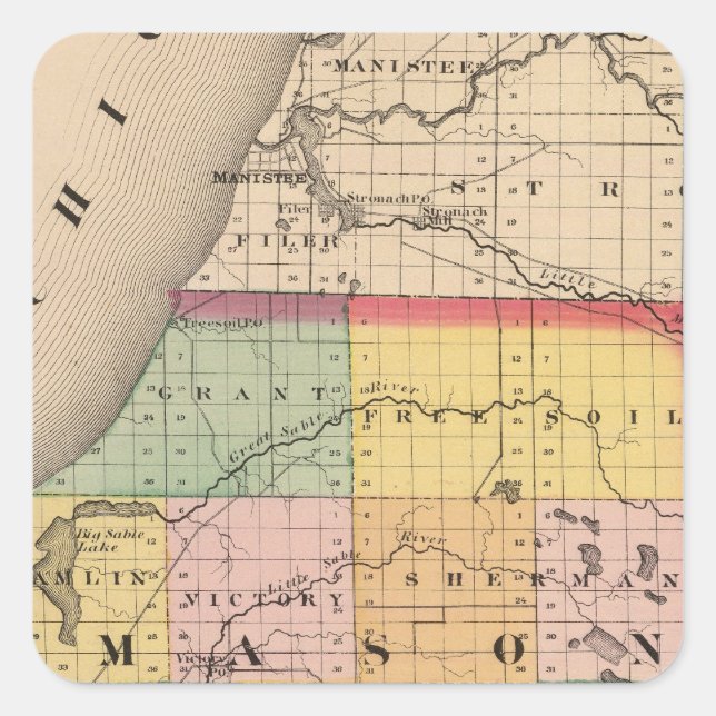 Map of Mason County, Michigan Square Sticker (Front)