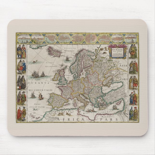 Map of Medieval Europe (by Willem Blaeu) Mouse Pad (Front)