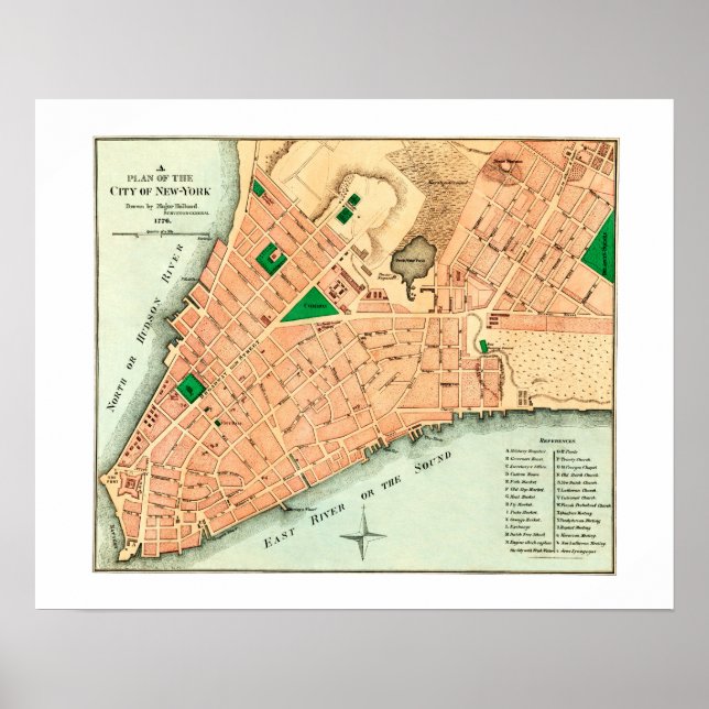 Map of New York City's original layout from 1776 Poster (Front)