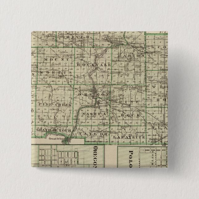 Map of Ogle County, Polo and Oregon 2 Inch Square Button (Front)