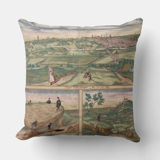 Map of Poitiers, from 'Civitates Orbis Terrarum' b Throw Pillow (Front)