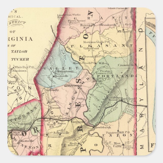 Map of Preston, Taylor, Barbour, Tucker counties Square Sticker (Front)