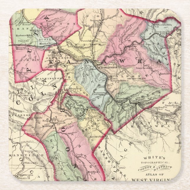 Map of Putnam, Kanawha, Boone counties Square Paper Coaster (Front)