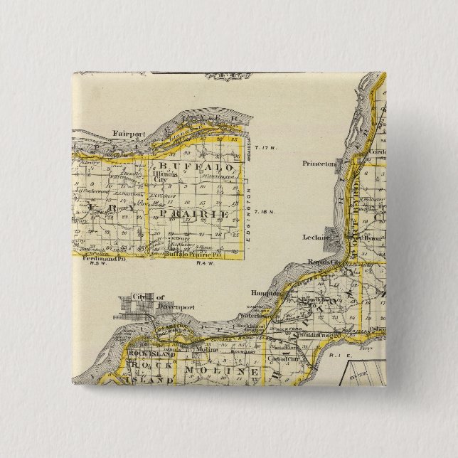 Map of Rock Island County and Dixon 2 Inch Square Button (Front)