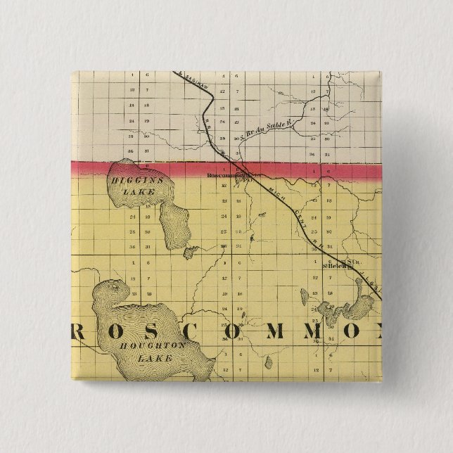 Map of Roscommon County, Michigan 2 Inch Square Button (Front)