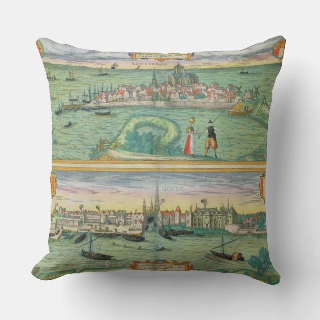 Map of Rotterdam and Gouda, from 'Civitates Orbis Throw Pillow (Front)