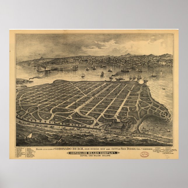 Map of San Diego, Birds-Eye View From Coronado, 18 Poster (Front)