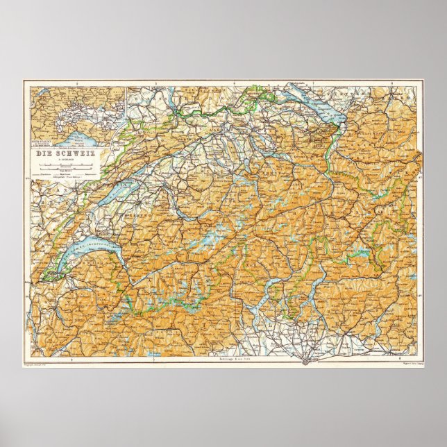 Map of Switzerland Published in 1913 Baedeker Poster (Front)