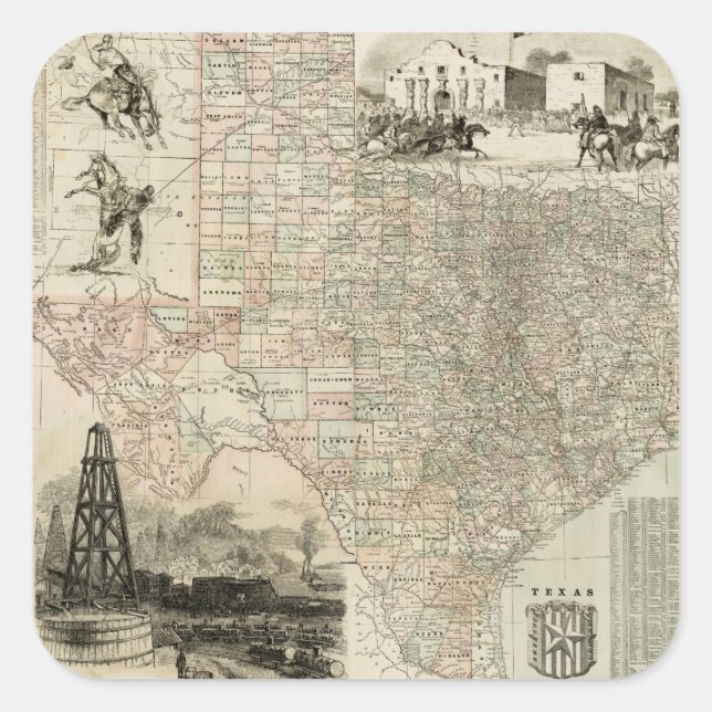 Map of Texas with County Borders Square Sticker (Front)