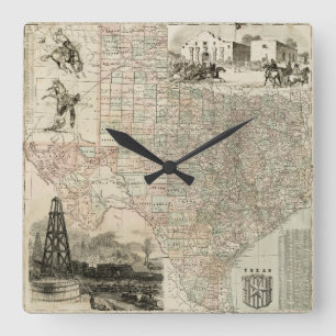 Map of Texas with County Borders Square Wall Clock