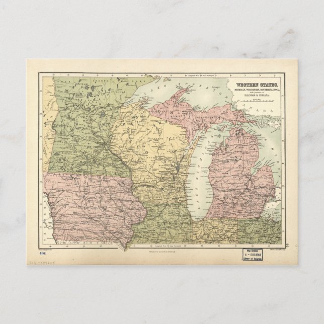 Map of the American MidWest (1873) Postcard (Front)