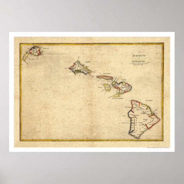 Map of the Hawaiian Islands by Kalama 1837 Poster (Front)