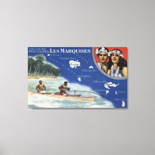 Map of the Islands, Natives in a Canoe Canvas Print