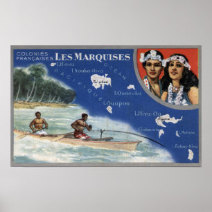 Map of the Islands, Natives in a Canoe Poster