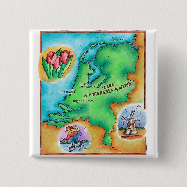 Map of the Netherlands 2 Inch Square Button (Front)