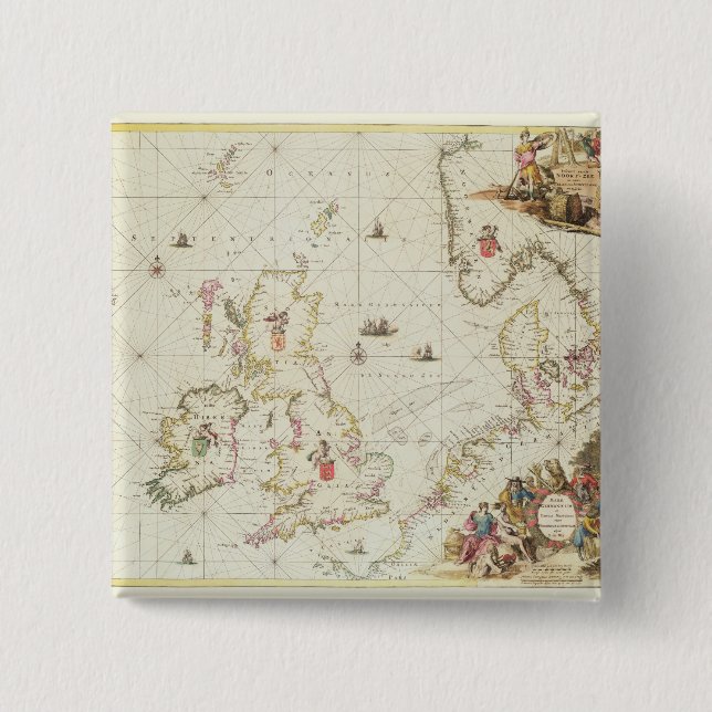 Map of the North Sea, c.1675 2 Inch Square Button (Front)